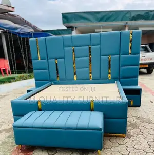 Blue 5 by 6 Board Bed With Ottoman and Side Drawers