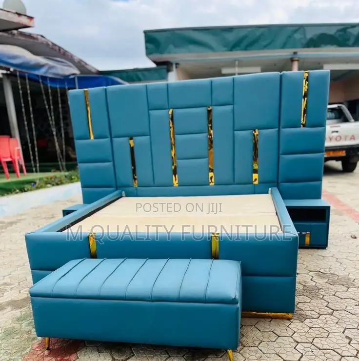 Blue 5 by 6 Board Bed With Ottoman and Side Drawers