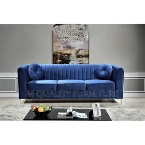 Royal Blue 3 Seater Modern Sofa With Round Throw Pillows