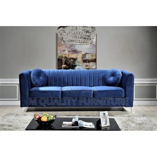 Royal Blue 3 Seater Modern Sofa With Round Throw Pillows