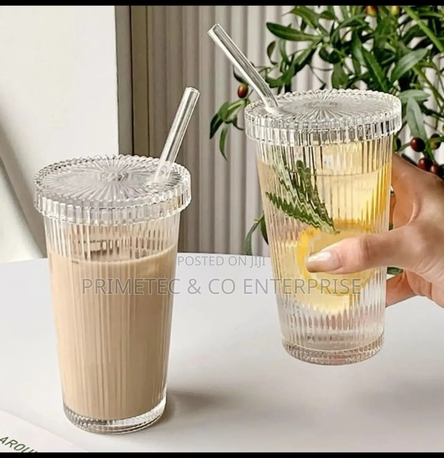 375ml Simple Stripe Glass Cup With Lid and Straw