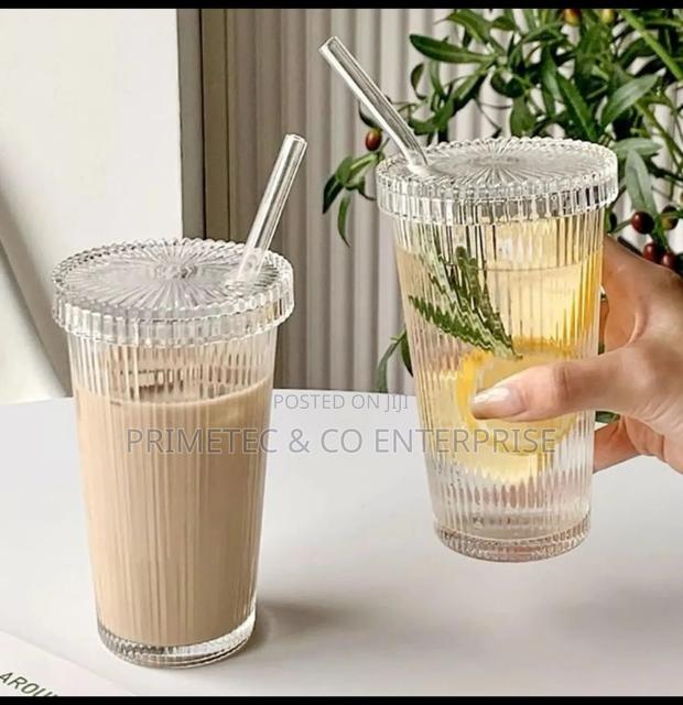 375ml Simple Stripe Glass Cup With Lid and Straw