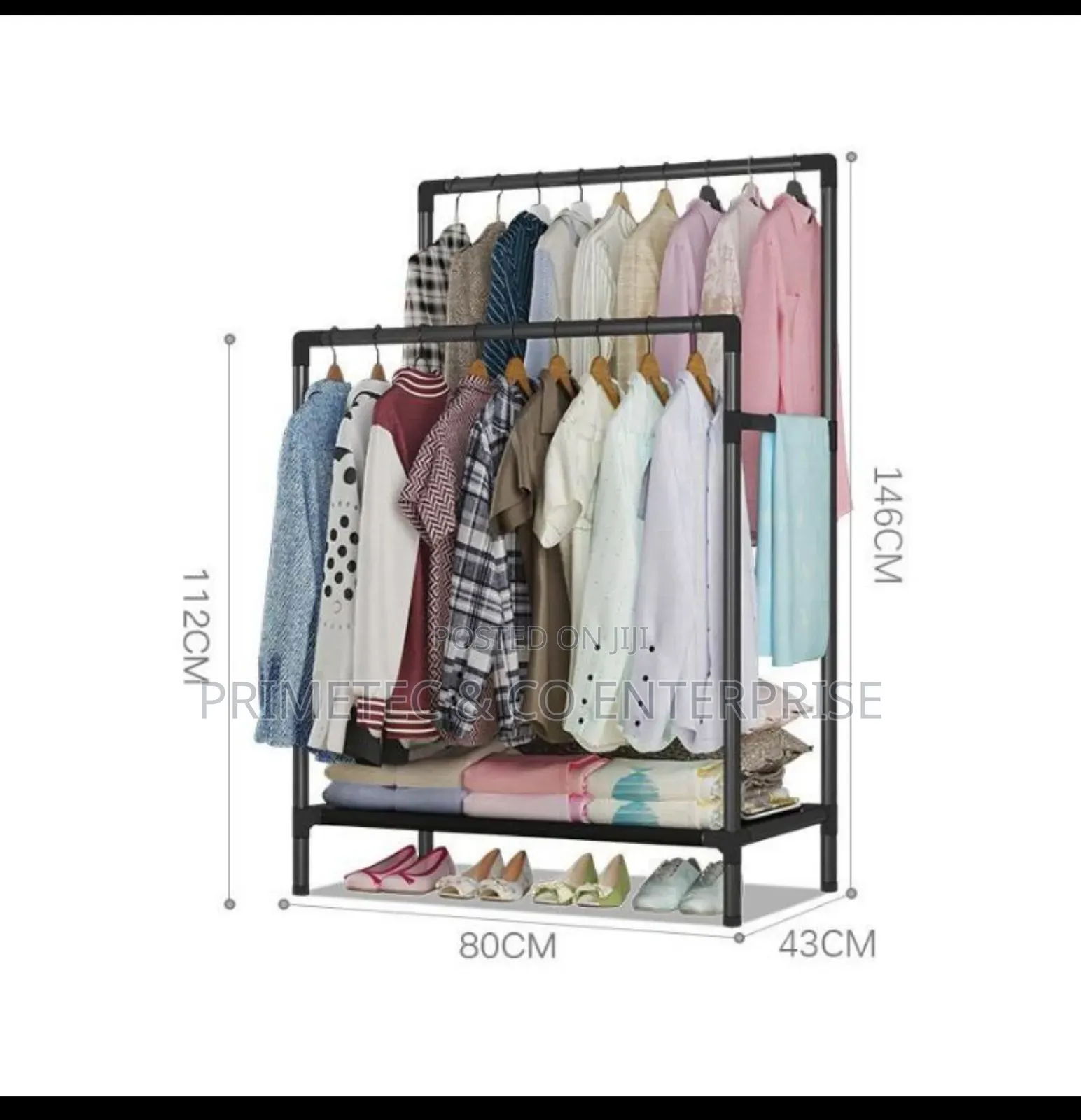 Double Pole Clothing Rack With Lower Storage Shelf.