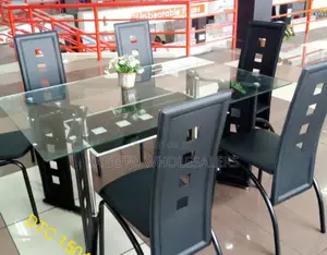 Executive 6 Sitter Glass Dinning Table With Leather Seat D09