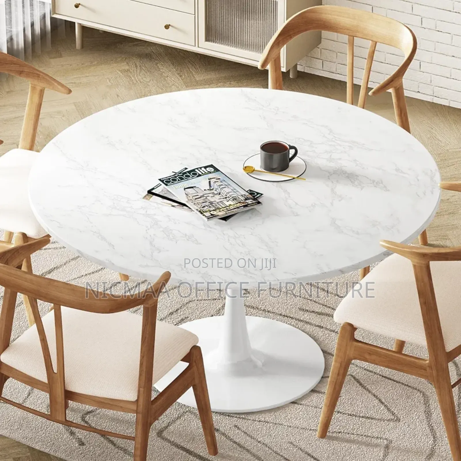 Dining Table: Mid-Century White Marble Round Dining Table