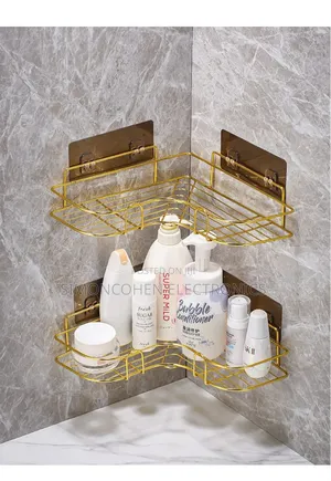 Triangular Golden Metallic Corner Bathroom Shelf