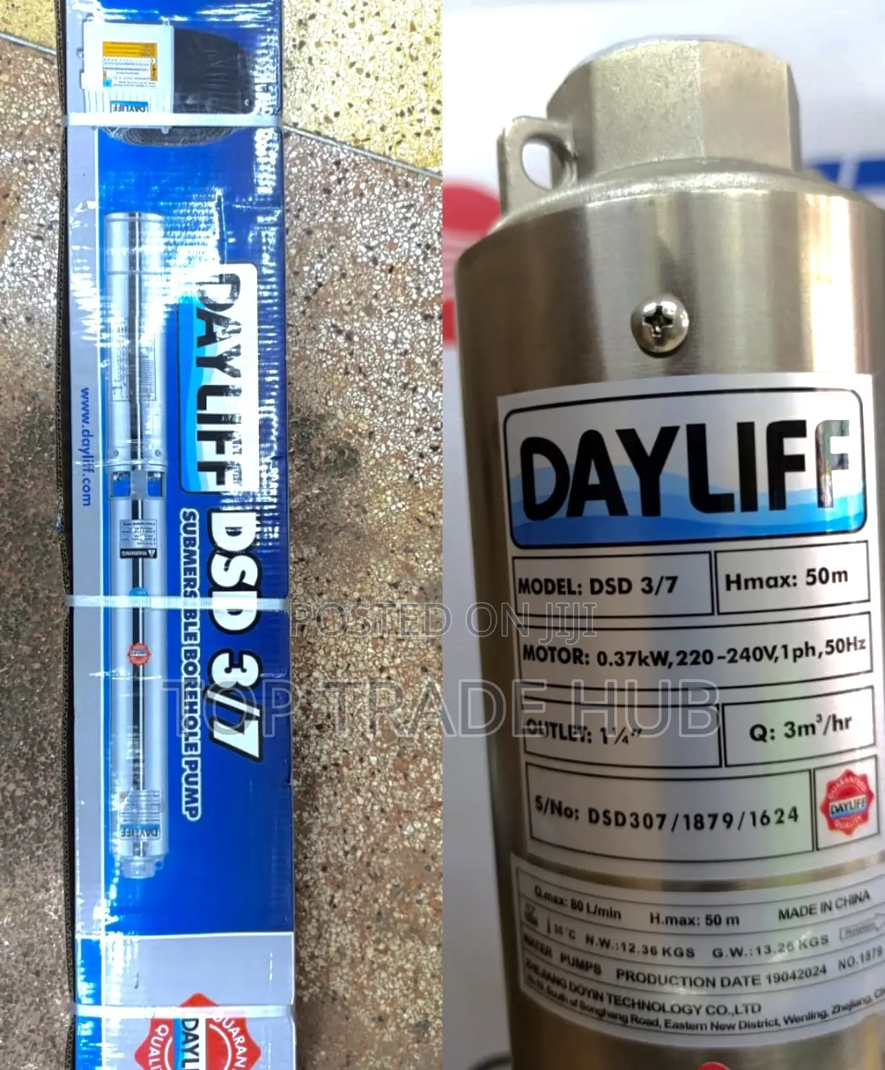Dayliff DSD 3/7 Submersible Borehole Pump 50 Meter Head 1 Ph