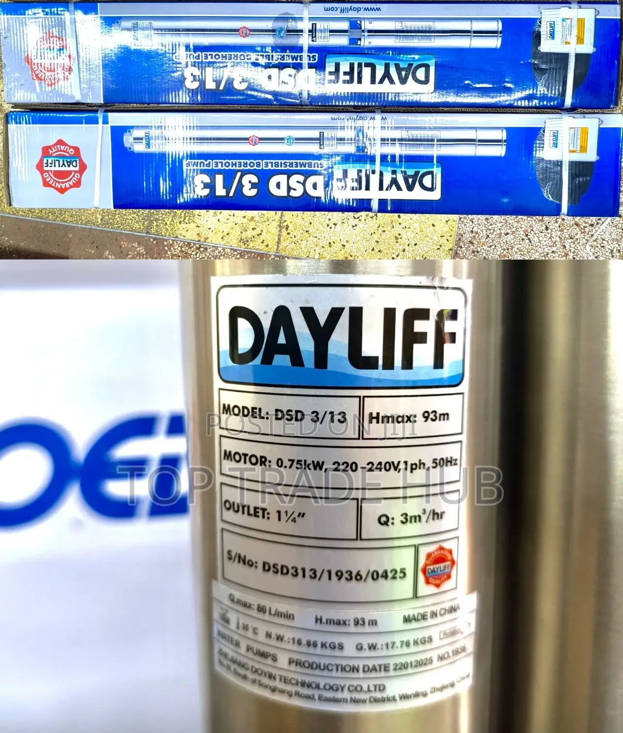 Dayliff DSD 3/13 Submersible Borehole Water Pump 93m Head