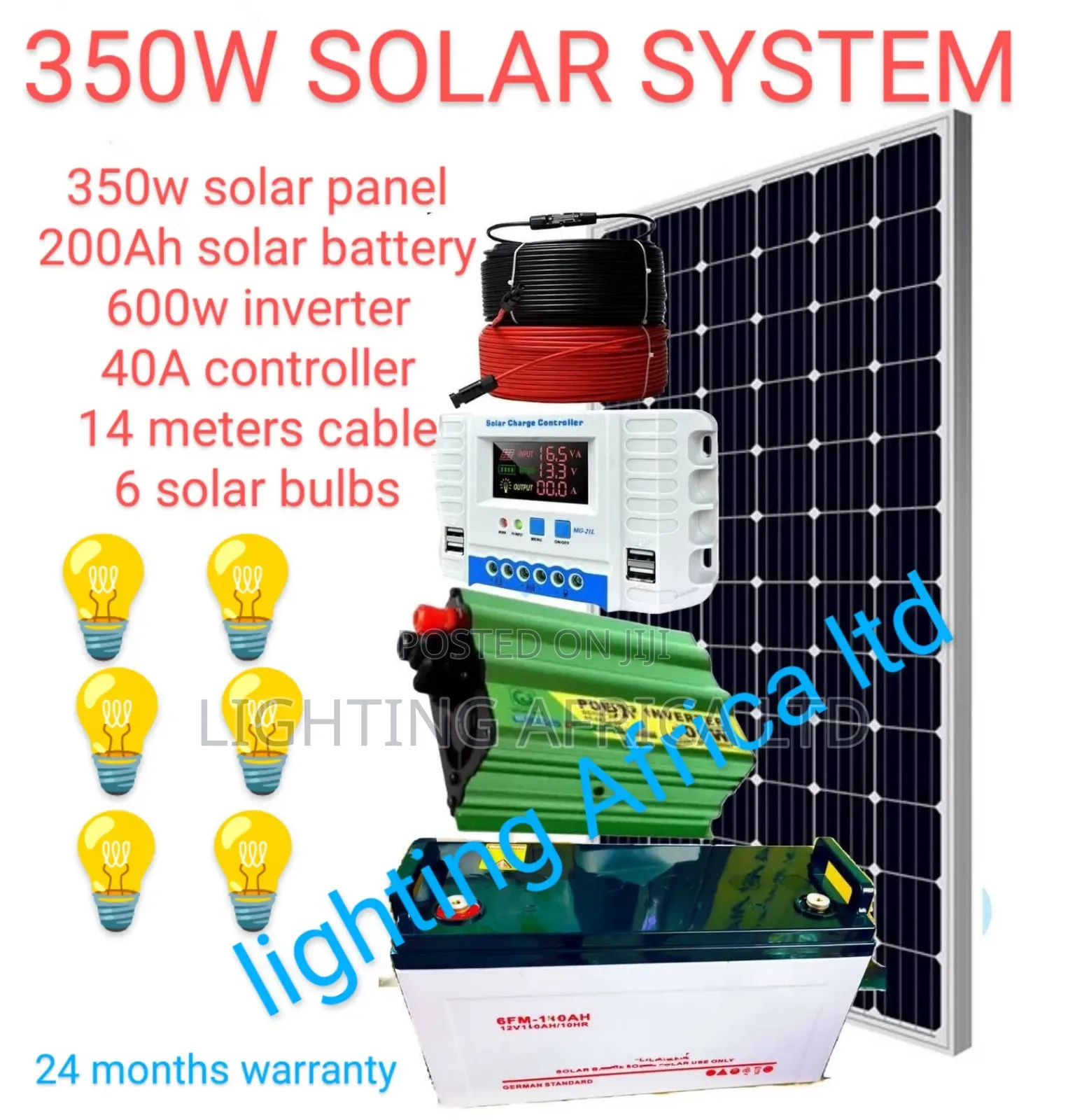 350 Watts Full Package - 200ah Battery - 600w Inverter - 6 Free Bulbs