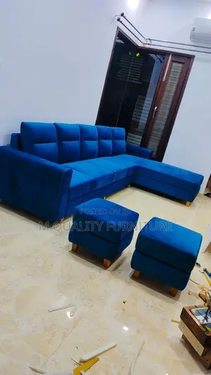 Royal Blue 6 Seater Sofa With Ottoman