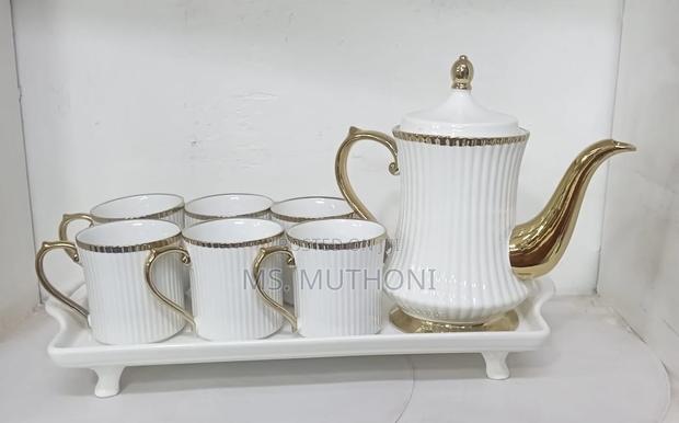 Elegant White 8 PCS White Ceramic Tea Sets With a Gold Rim* - main view