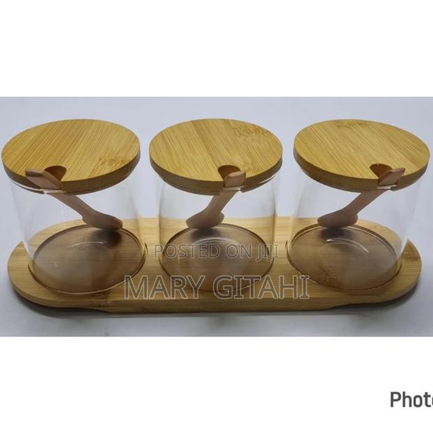 High Quality 3in1 Glass Sugar Set With Bamboo Stand,