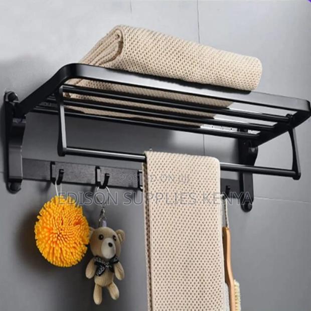 Towel Rack Holder With Hooks Black Bathroom Towel Rack - thumbnail 2