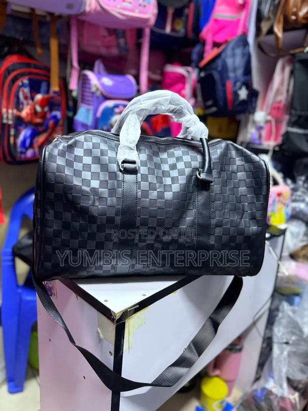 Black Medium Leather Square Pattern Duffel Travel Bag