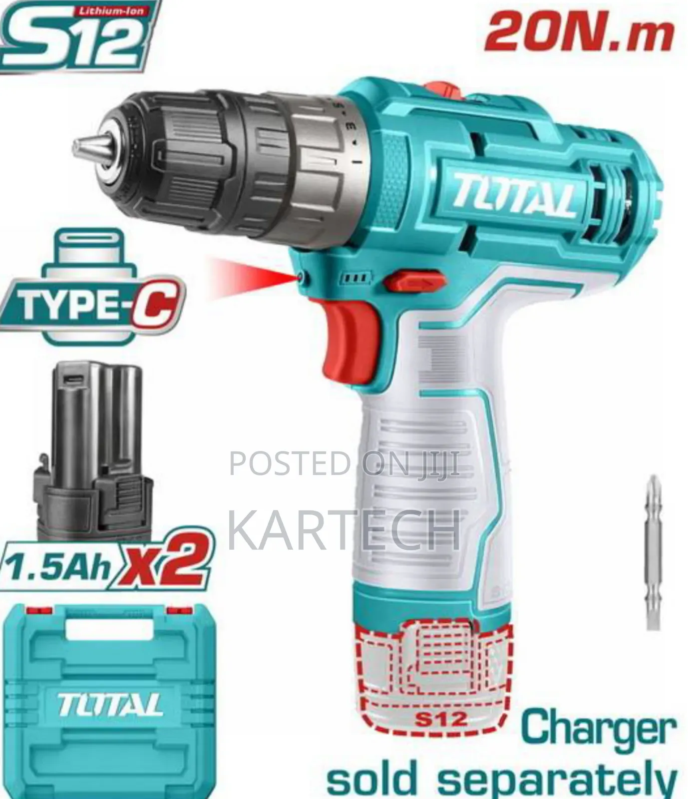 Total 12v Tdli12202 Cordless Drill 1.5ah With 2 Batteries