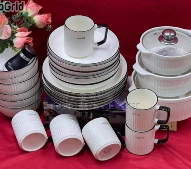 30 Pieces White With Black Strip Japanese Dinner Set  - main view
