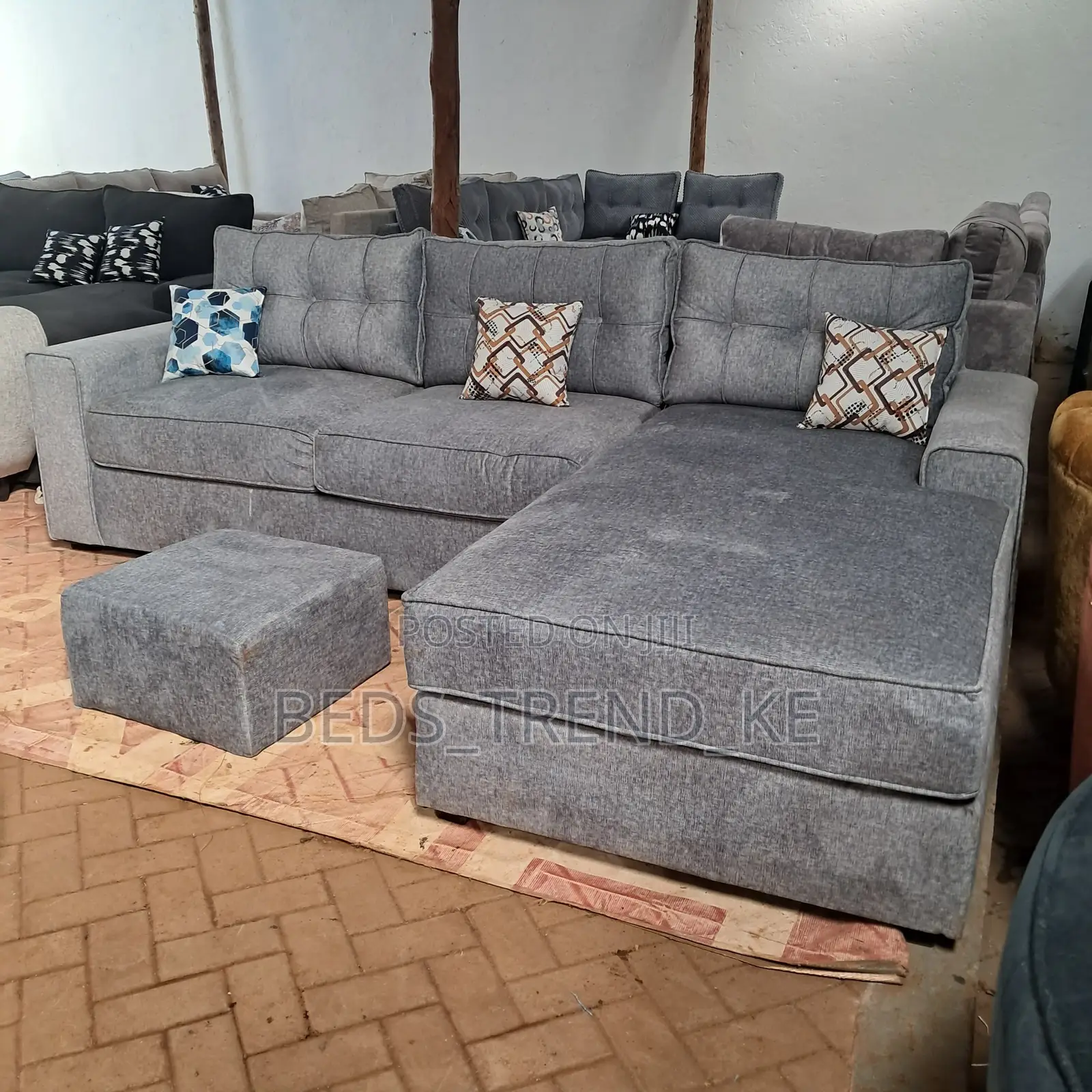 Luxurious 6 Seater L Seat Sofa Set + Puff + Throw Pillows