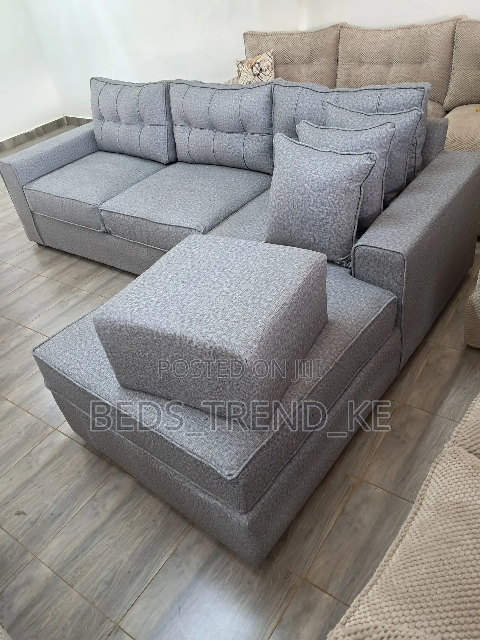 Luxurious 6 Seater L Seat Sofa Set + Puff + Throw Pillows