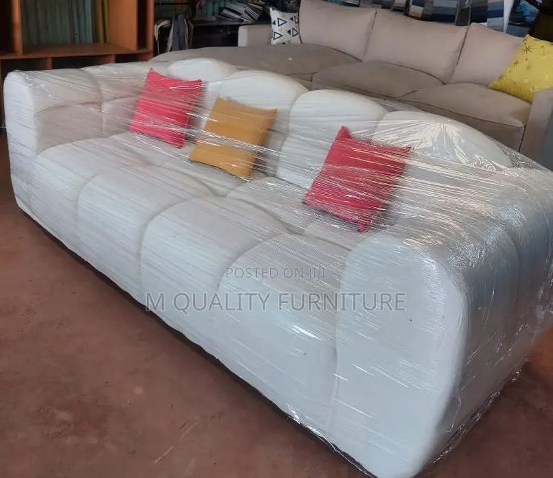 White 3 Seater Modern Sofa With Free Throw Pillows