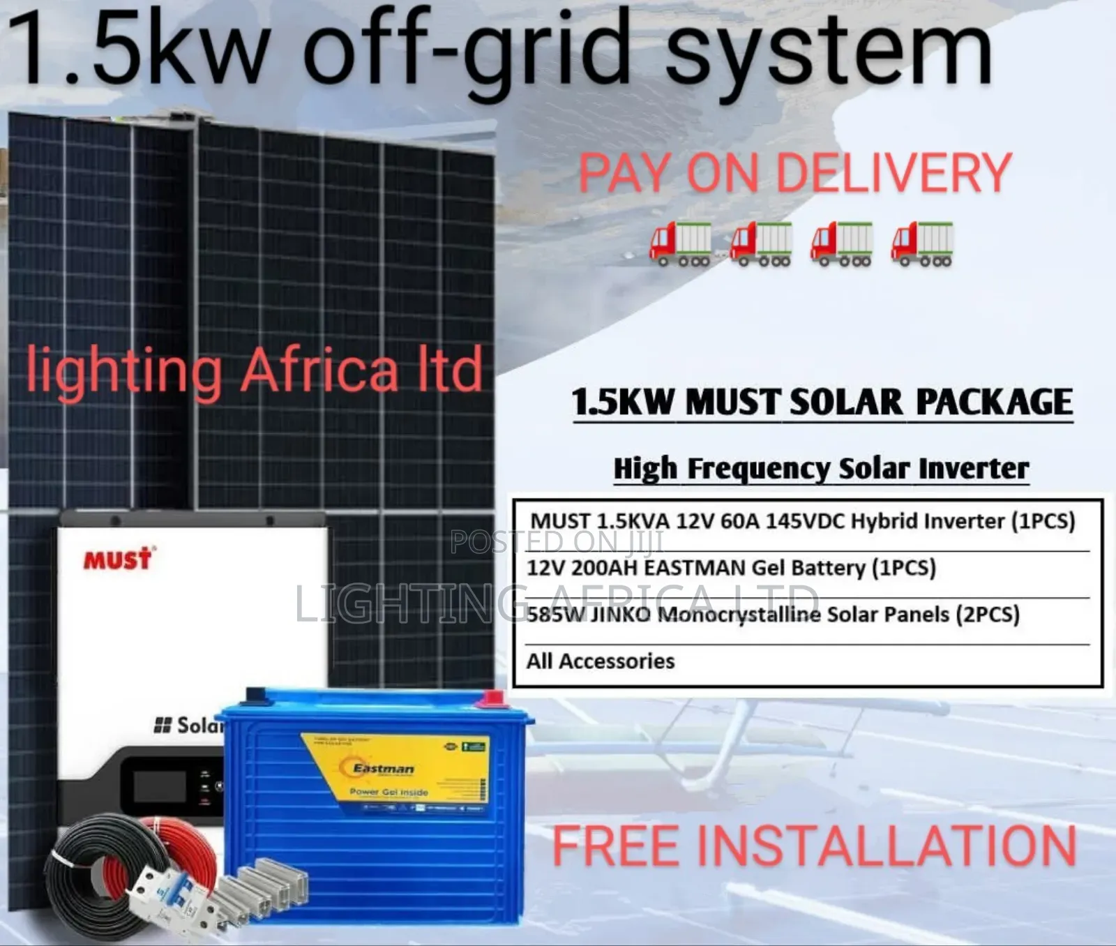 Eastman Gel 200ah Battery-1.5kva Hybrid Inverter -(2)585w Solar System