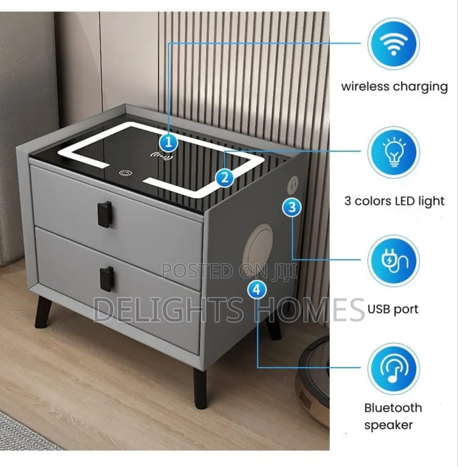 Smart Bedside Table Cabinet With Wireless Charging Bluetooth