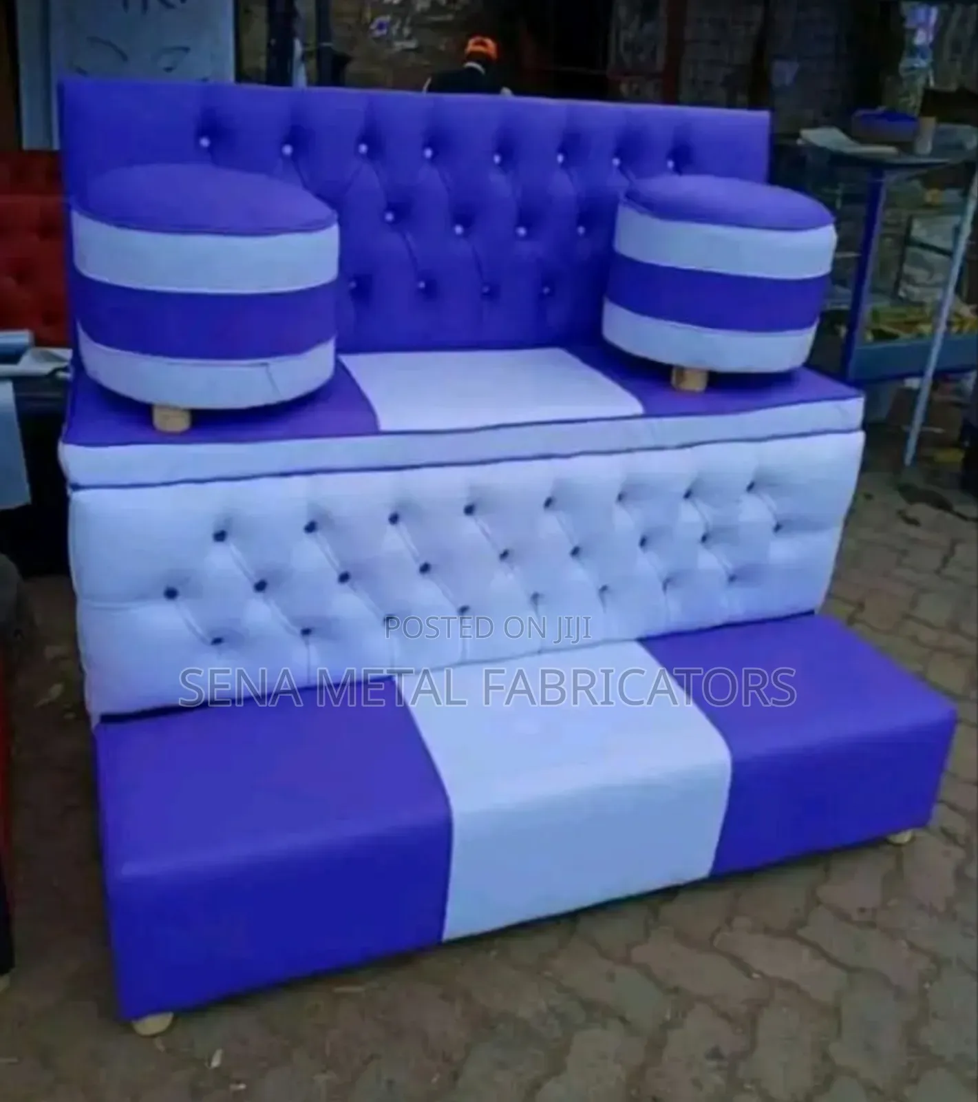 Pedicure Seat With Pouffe, Blue and White Faux Fabric.