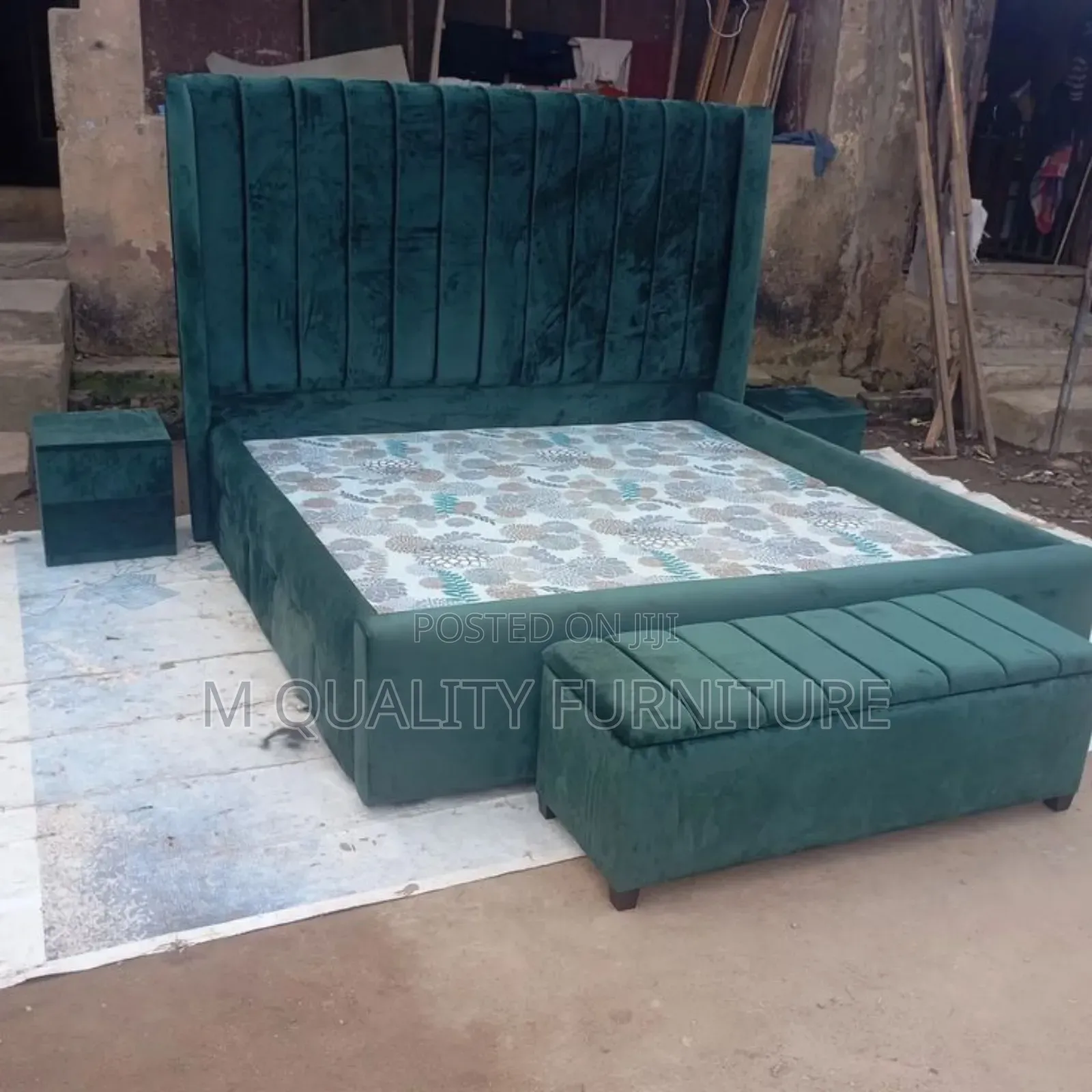 Green Bed With Ottoman and Side Tables