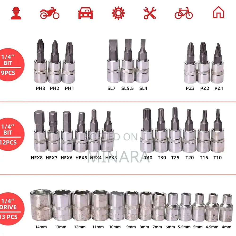 46 Pcs, 1/4" Drive Socket Tool Kit, Ratchet Wrench Set