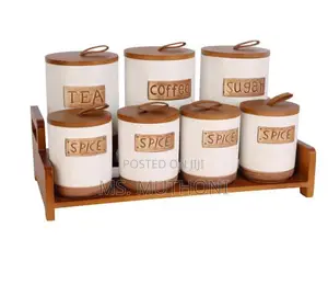 *7pcs Ceramic Kitchen Storage Canisters Set W/ Bamboo Rack
