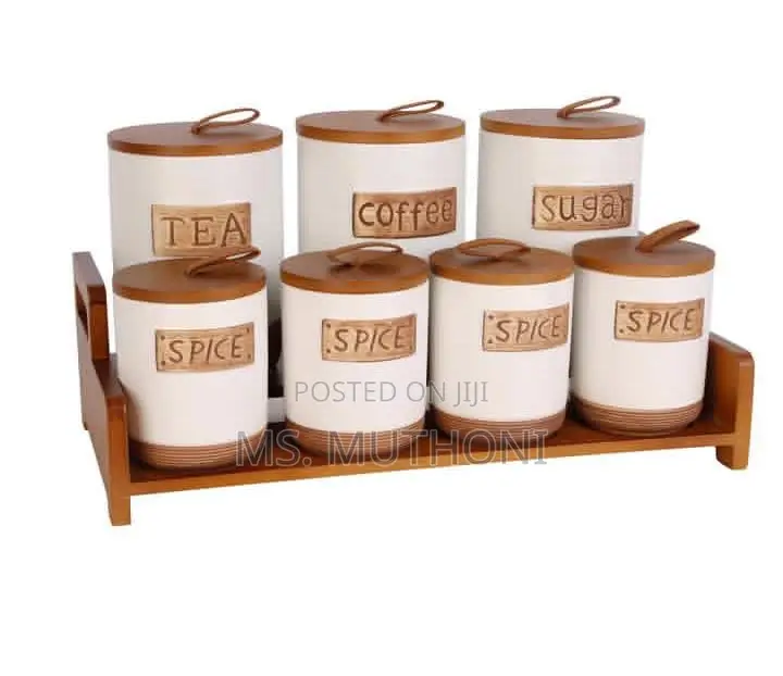 *7pcs Ceramic Kitchen Storage Canisters Set W/ Bamboo Rack