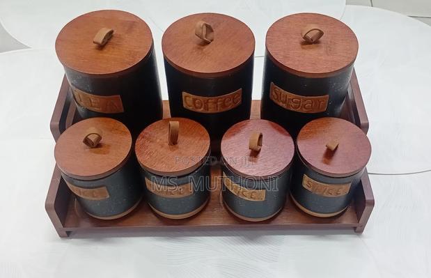 *7pcs Ceramic Kitchen Storage Canisters Set W/ Bamboo Rack - thumbnail 3