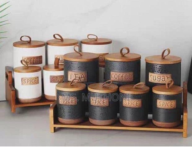*7pcs Ceramic Kitchen Storage Canisters Set W/ Bamboo Rack - main view