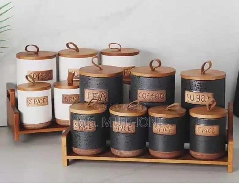 *7pcs Ceramic Kitchen Storage Canisters Set W/ Bamboo Rack