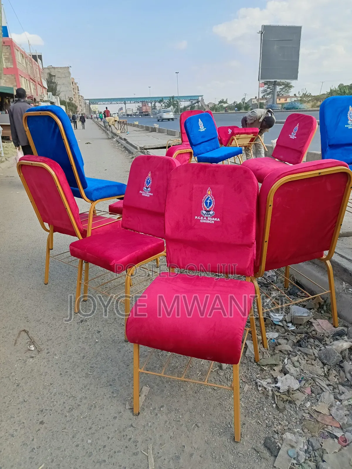Church Chairs, Branded, Red and Blue 