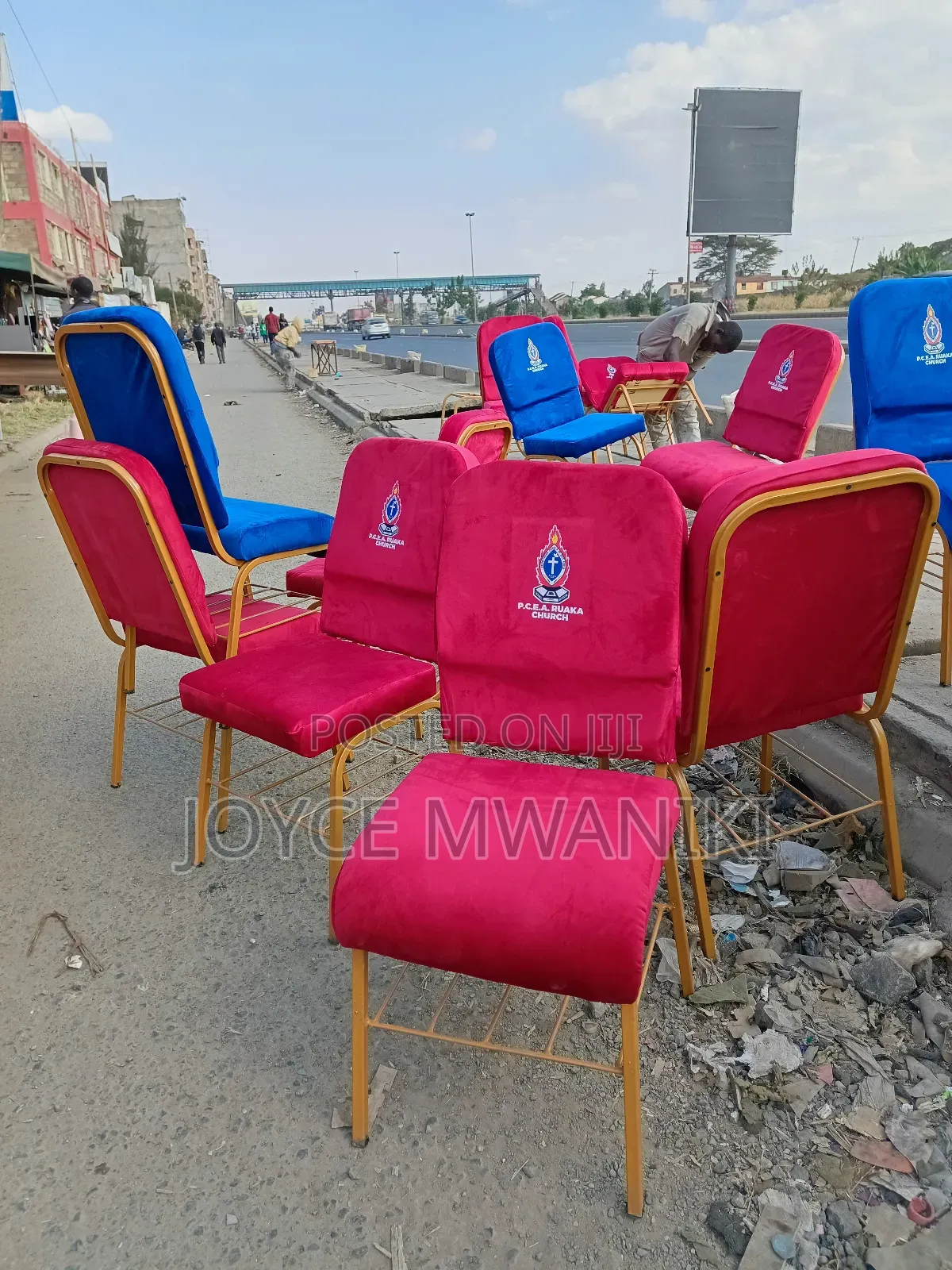 Church Chairs, Branded, Red and Blue 
