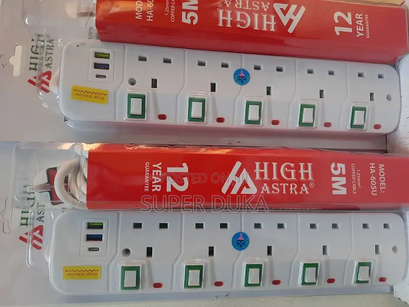High Astra 5-Way Extension Socket.2 Usb.Type C Port, 5m Cable.