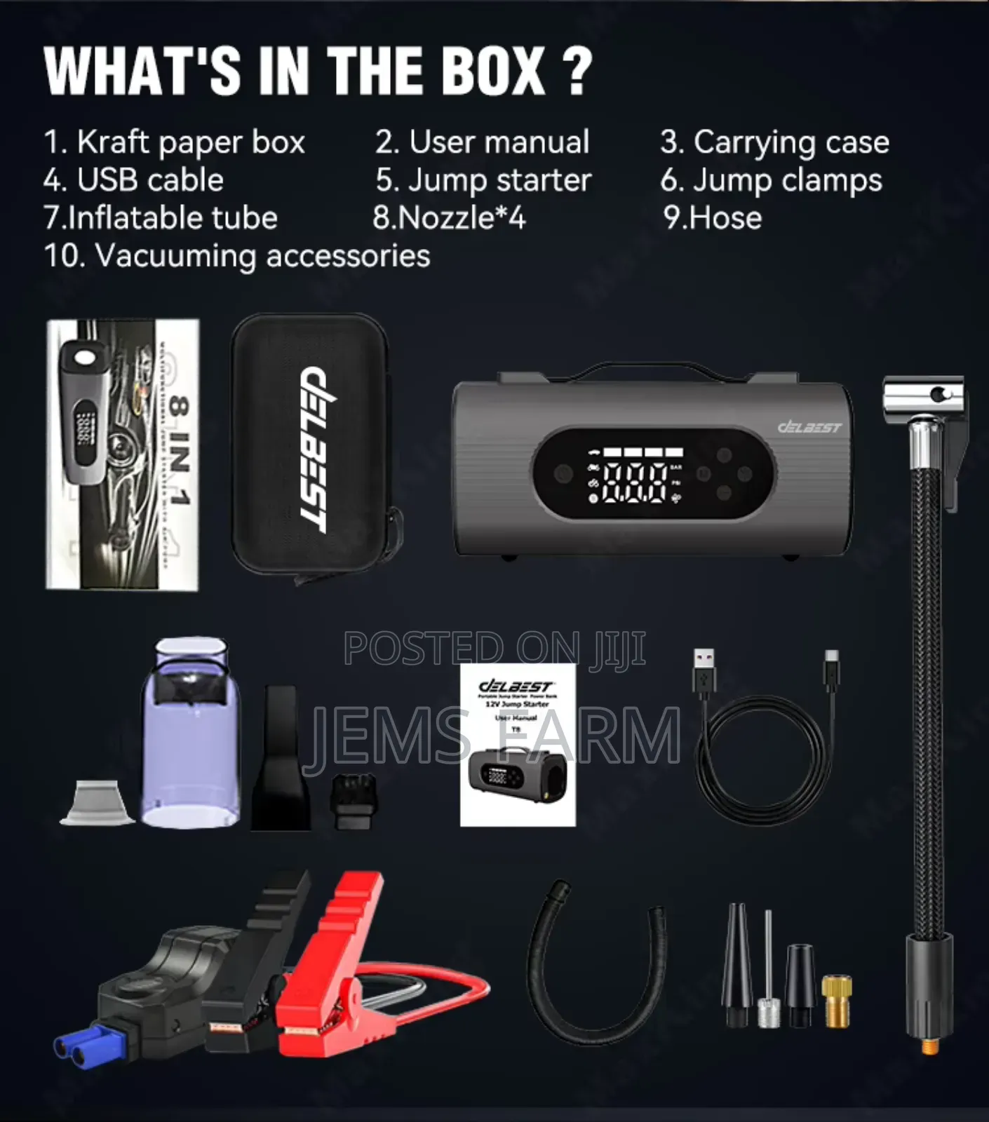 8 in 1 Car Jump Starter,Vacuum Cleaner,Power Bank, Air Pump