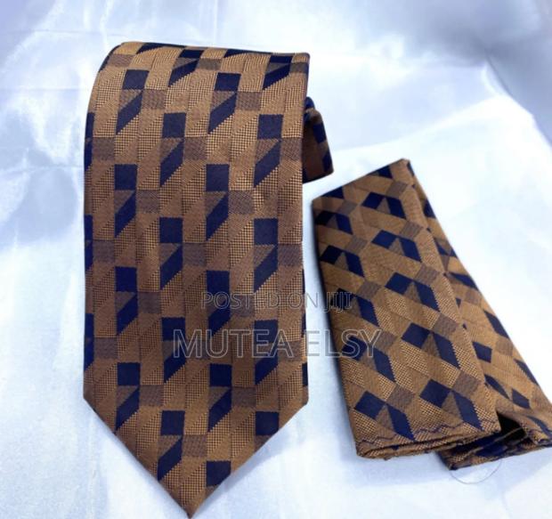 Coffee Brawn Checked Geometric Executive Tie Sets - thumbnail 3