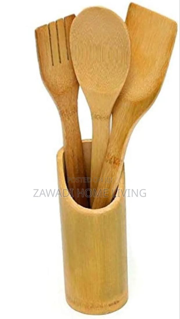 4pc Bamboo Cooking Spoons + Holder - thumbnail 2