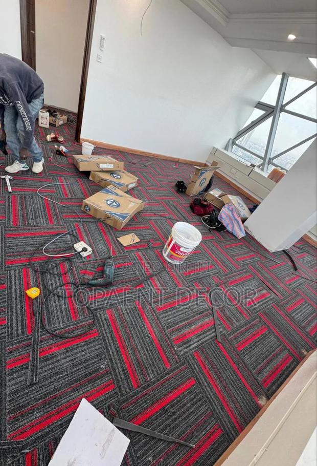 Red,Grey and Black Well Designed Office Tile Carpet - main view