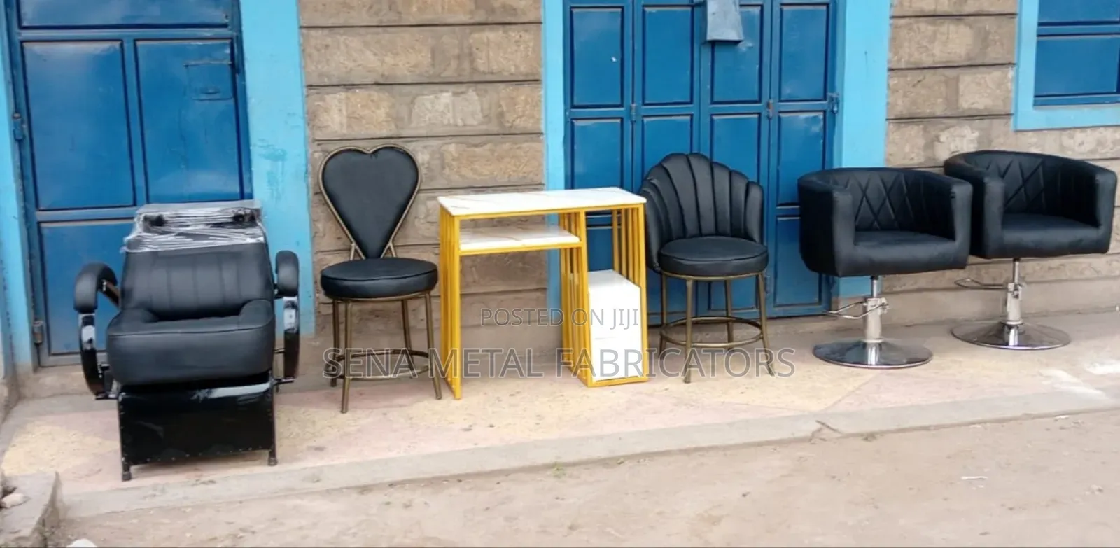 Salon Manicure Set, Black Seats, Gold Table.