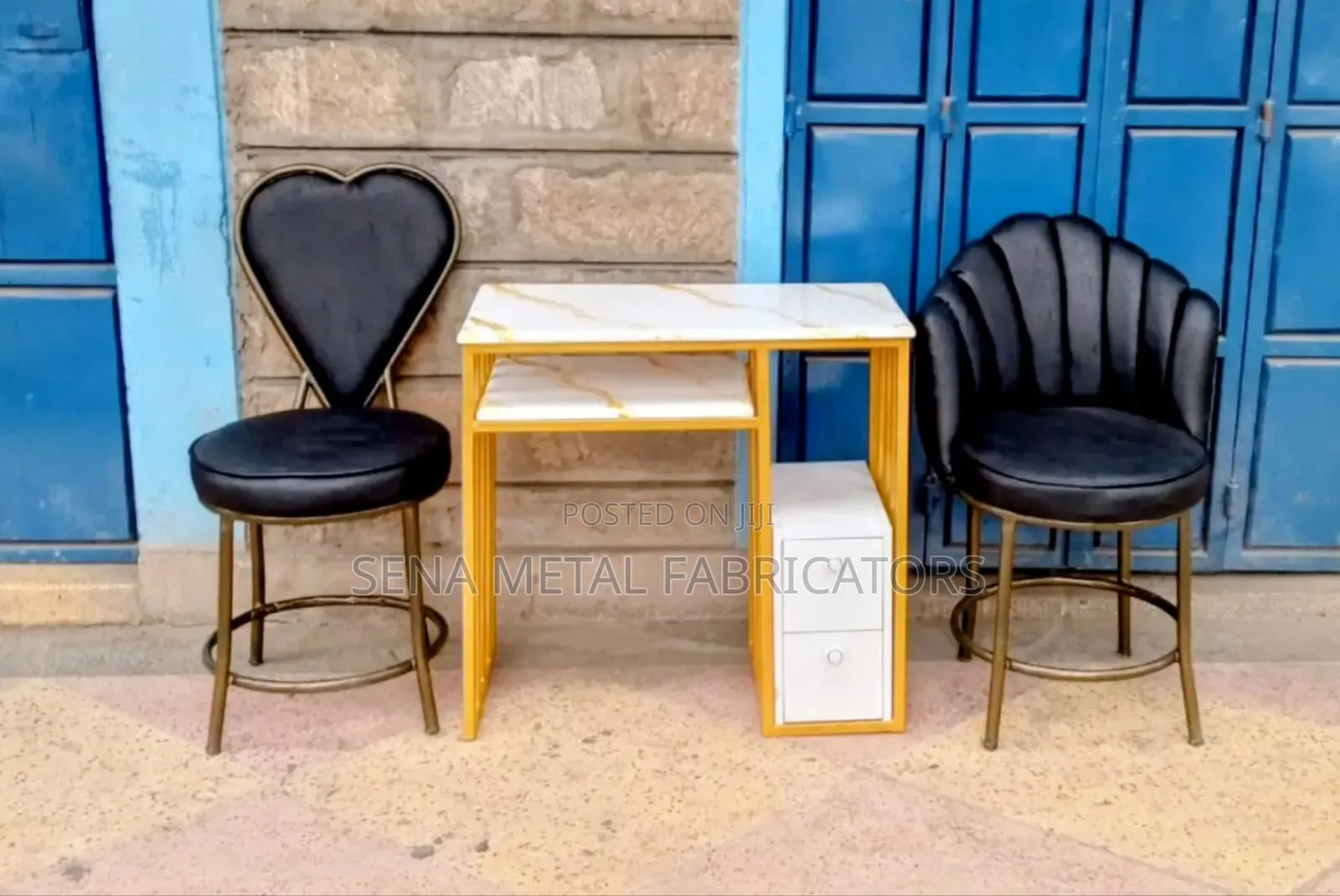 Salon Manicure Set, Black Seats, Gold Table.