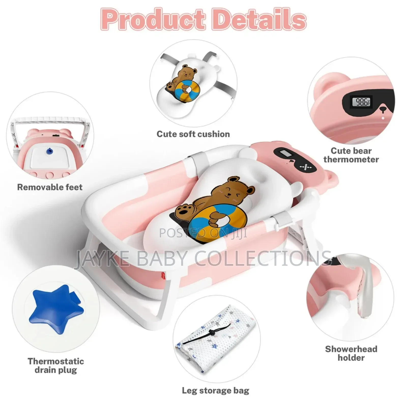 Foldable Baby Bath Tub With Support Cushion Thermometer
