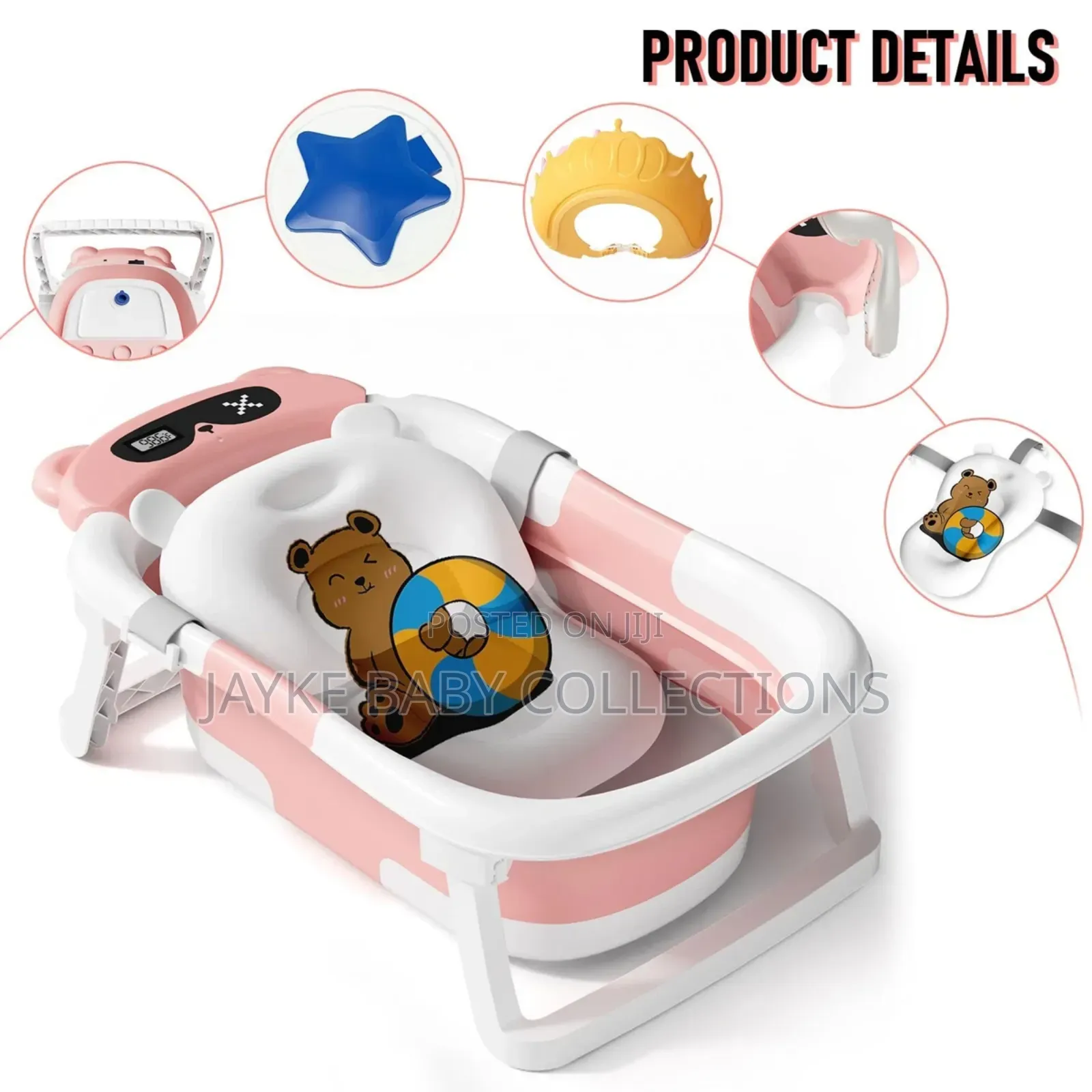 Foldable Baby Bath Tub With Support Cushion Thermometer