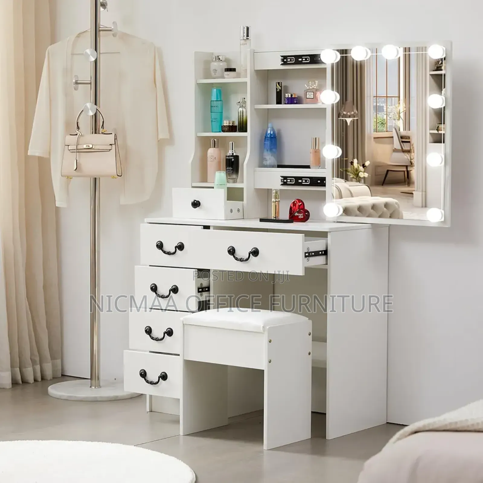 Dressing Table: Table Set With Led Mirror Power Strip