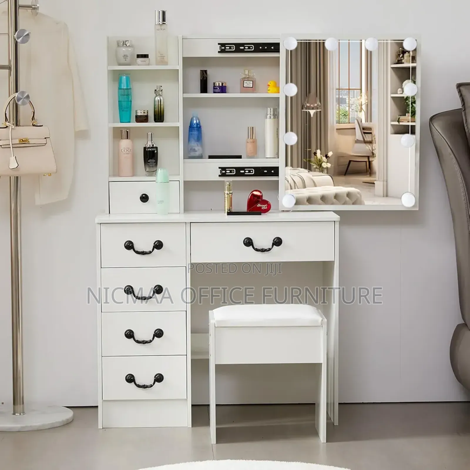 Dressing Table: Table Set With Led Mirror Power Strip