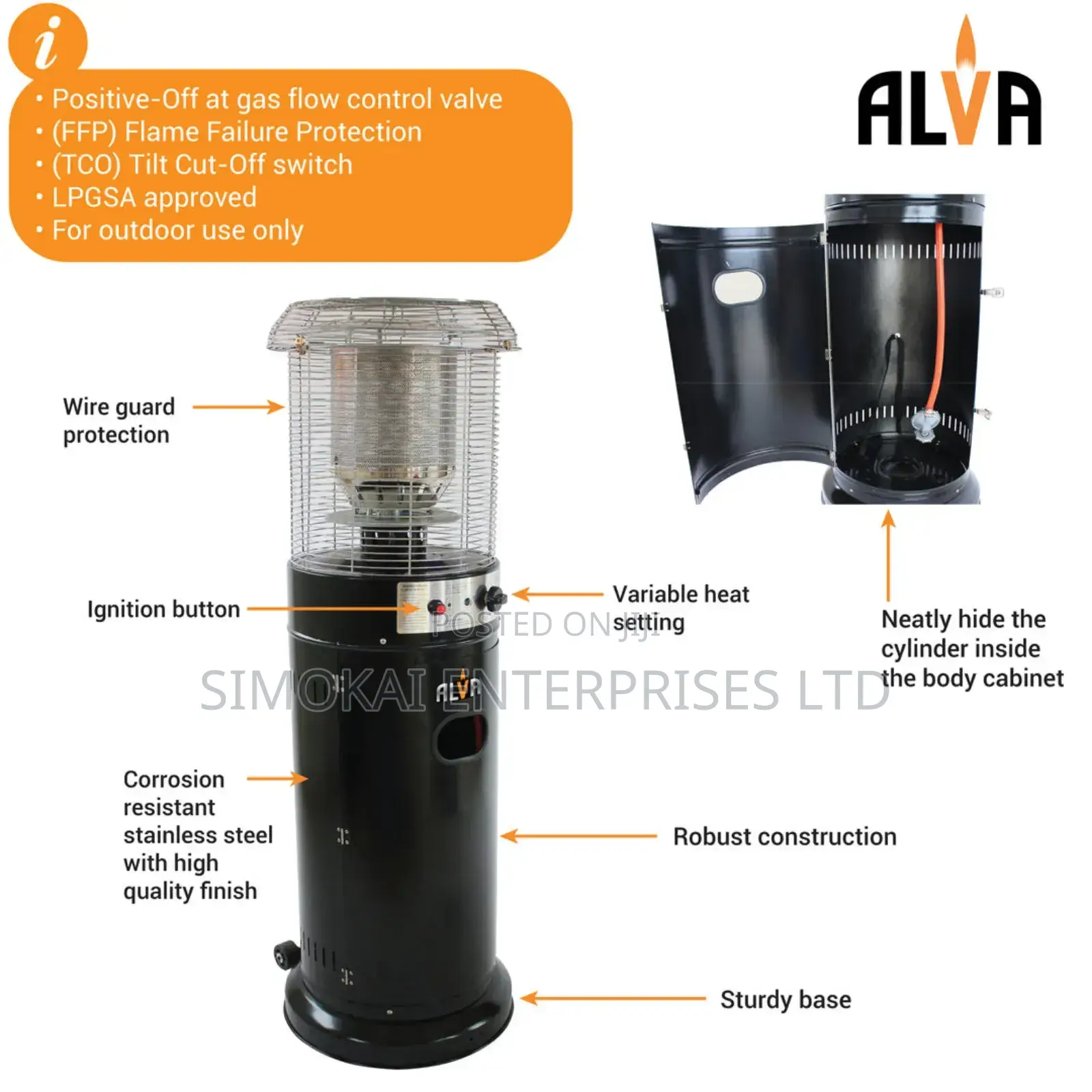 Premium Alva Short Stand Gas Patio Heater 1.35m - Black
