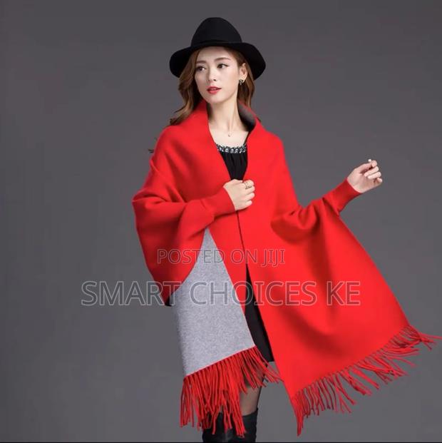 Plain Double Sided Long Sleeve Ponchos Shawls With Tassels - thumbnail 3