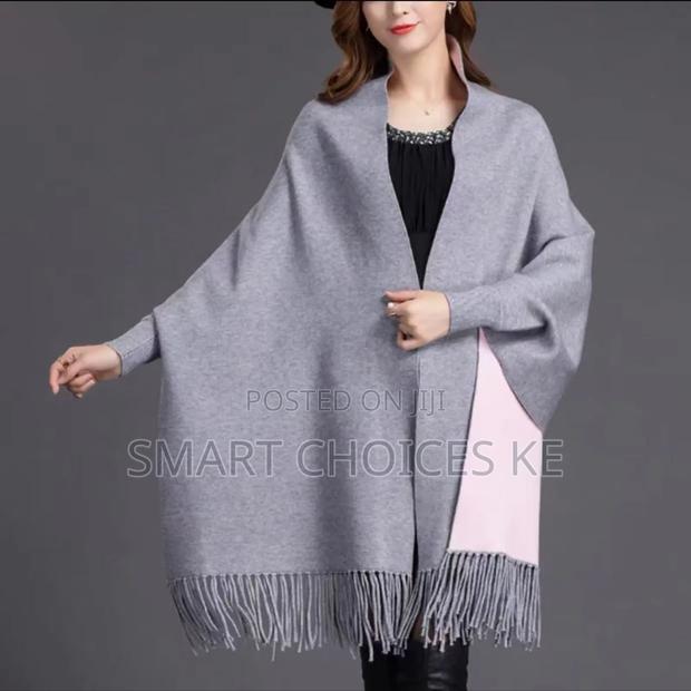 Plain Double Sided Long Sleeve Ponchos Shawls With Tassels - thumbnail 4