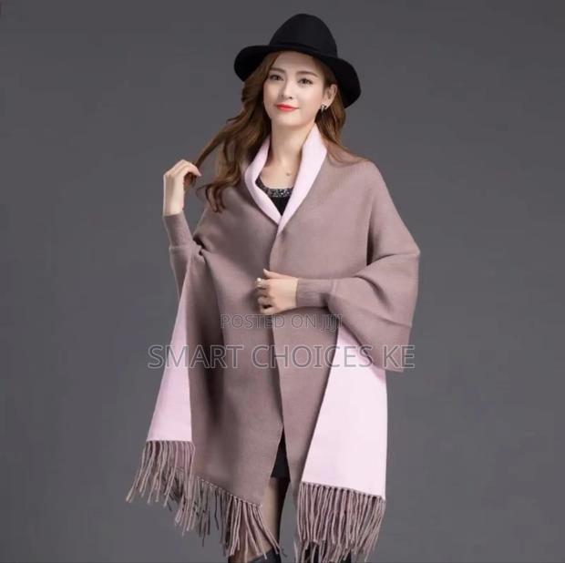 Plain Double Sided Long Sleeve Ponchos Shawls With Tassels - thumbnail 5